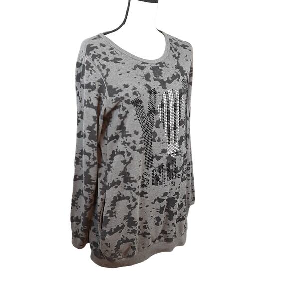 You Smile Embellished Microphone Crewneck Long Sleeve Sweatshirt Grey Music M - Picture 3 of 8